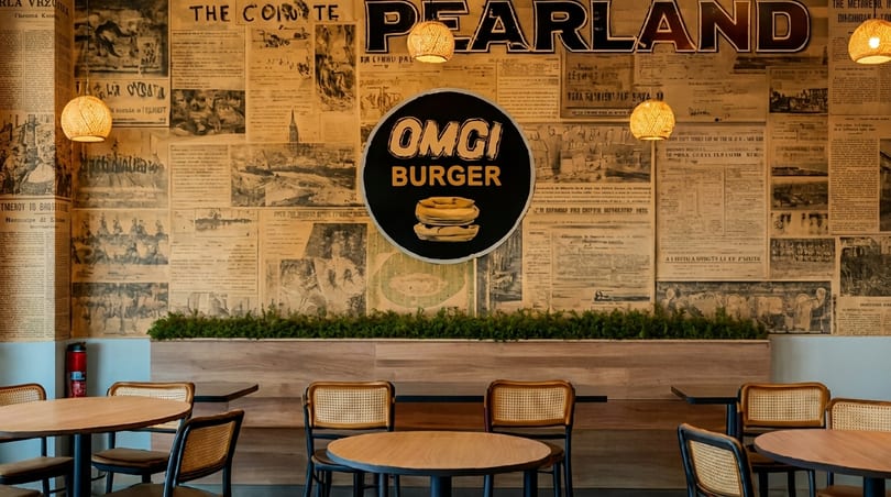 Interior of OMGI Burger restaurant with newspaper-covered walls, rattan chairs, and wooden tables.