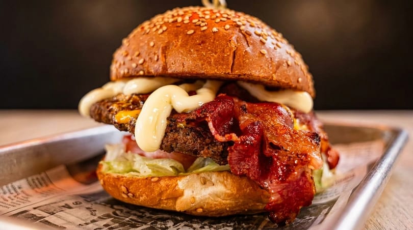 Close-up of a juicy bacon cheeseburger with mayonnaise, lettuce, and tomato on a sesame seed bun.