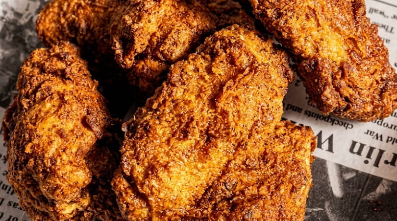 Crispy, golden-brown fried chicken pieces with visible seasoning, served on newspaper.